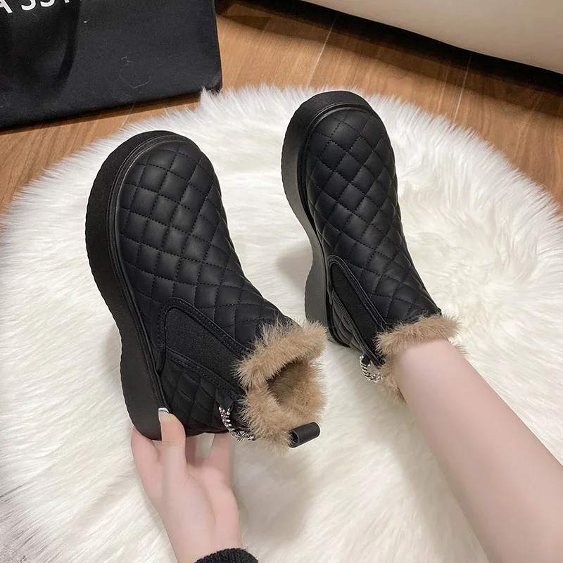 Winter Women\'s 2022 New Fashion Women\'s  Snow Boots Leather Fur Boots Thick Soled Shoes Plush Warm Ankle Boots Rubber