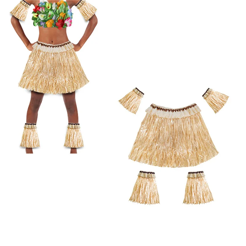 PORK-3X saia de grama havaiana terno elástico braço manga pés capa saia de grama hula dança traje praia (cor de palha)