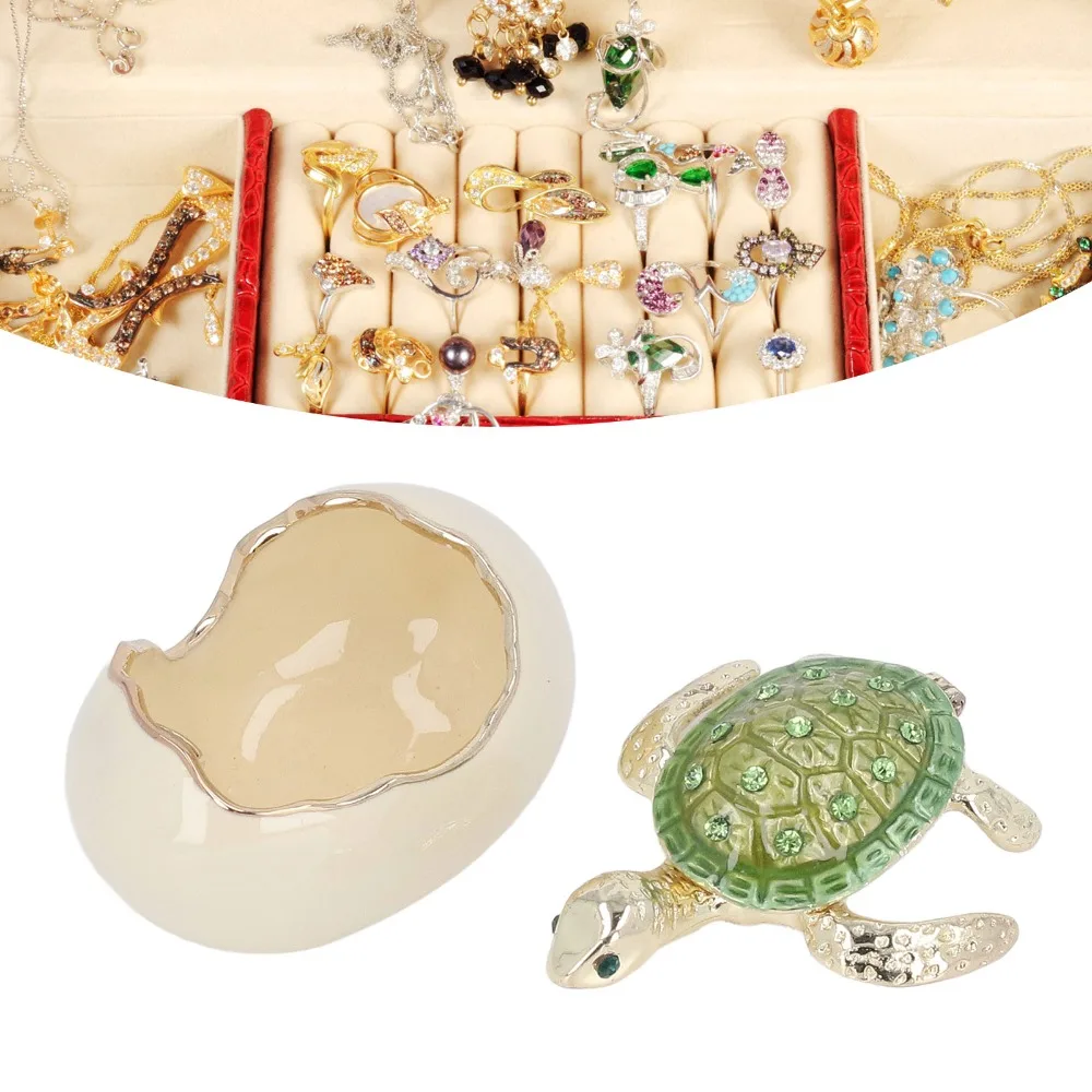 Zinc Alloy Turtle Trinket Box Green Metal Holder Sea Turtle Statue Enamel Coating Turtle Jewelry Box Desktop Decoration