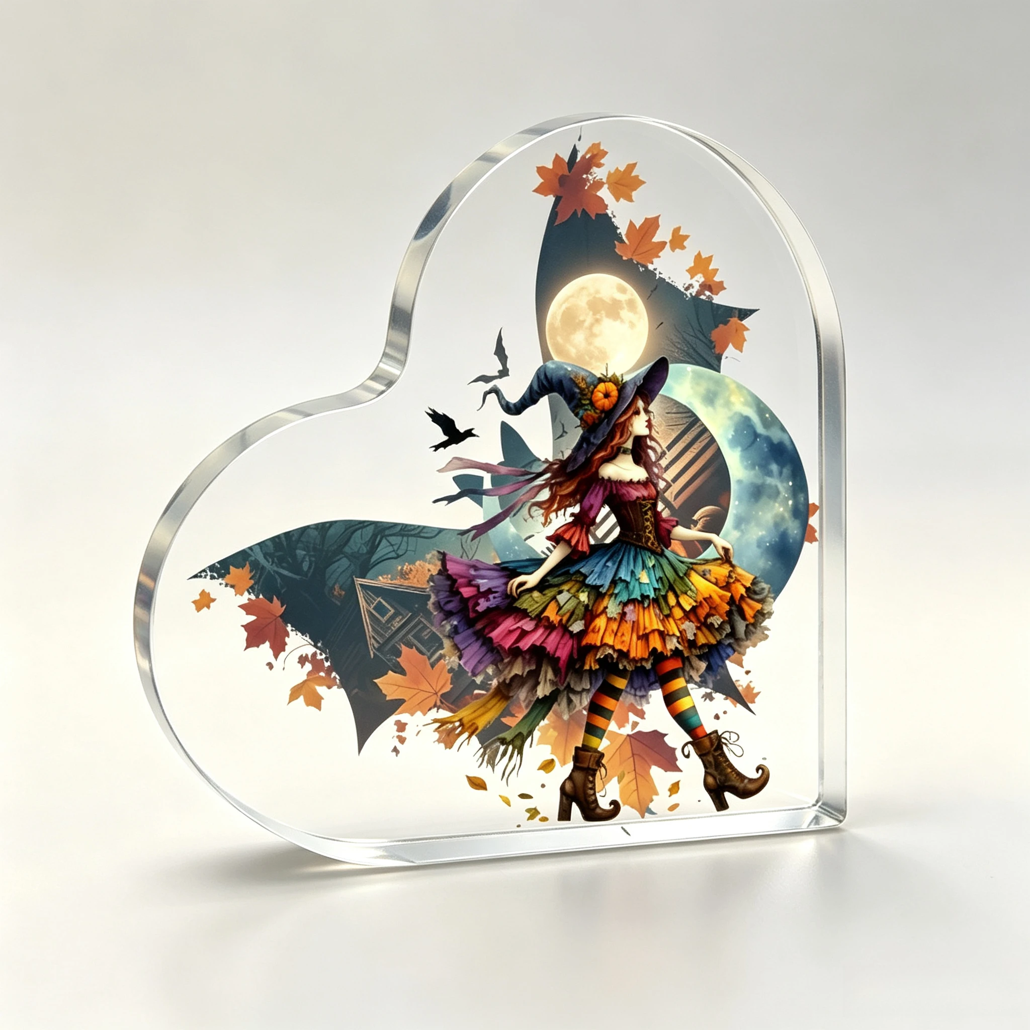 Colorful Skirt Witch Heart Acrylic Sign, Halloween Tabletop Ornament