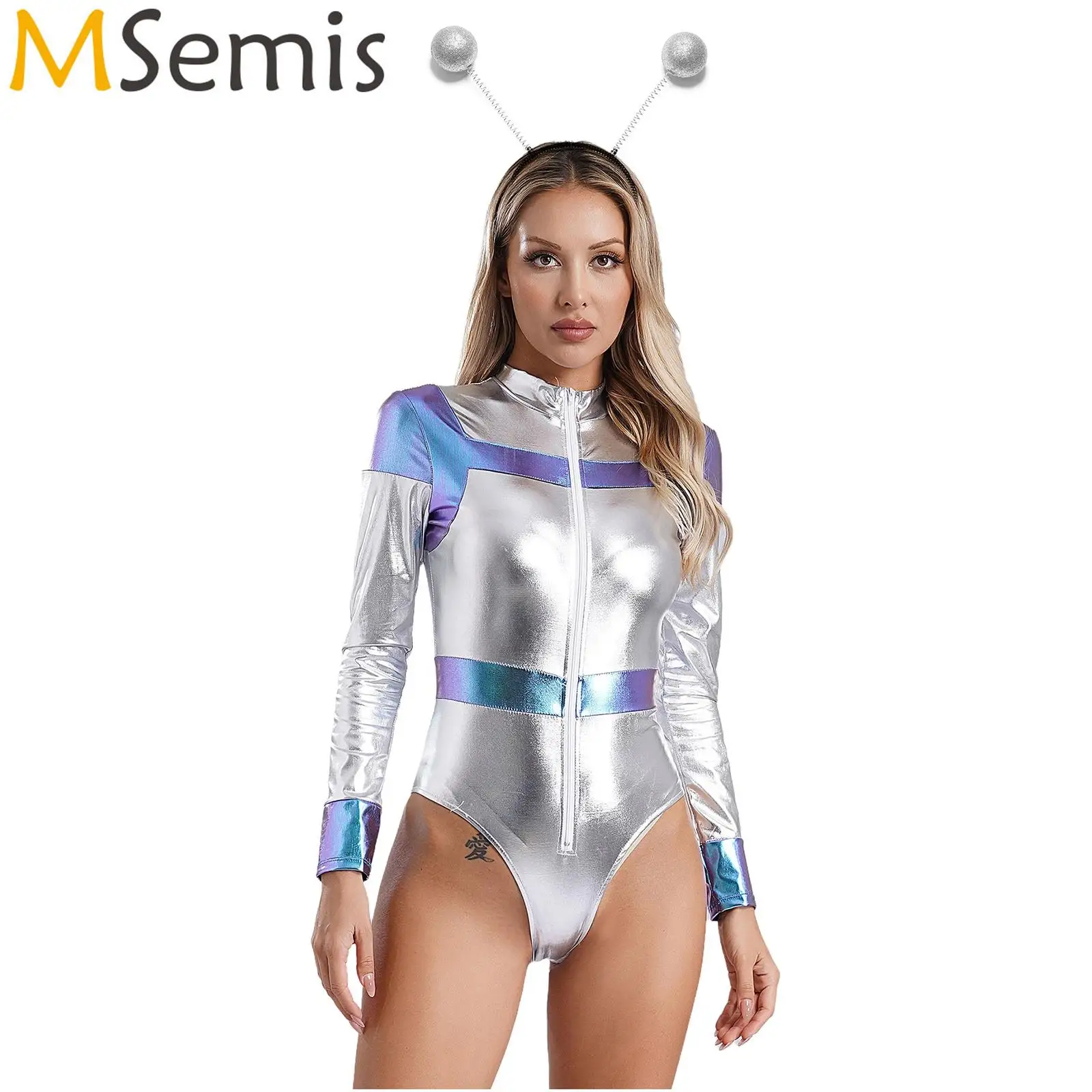 

Womens Space Astronaut Alien Cosplay Costume Long Sleeve Bodycon Leotard Metallic Shiny Jumpsuit Bodysuit with Alien Hair Hoop