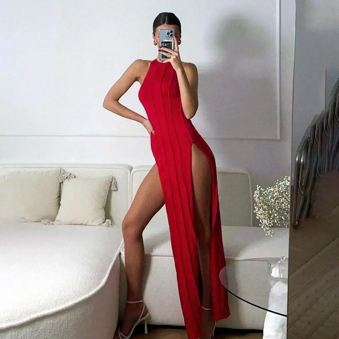 

Turtleneck Elegant Party Evening Robe Y2K Clothe 2025 New Sexy Casual High Split Bodycon Dress Women Striped Sleeveless Dresses