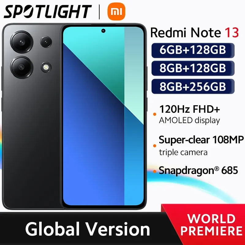 

[World Premiere] Redmi Note 13 Global Version Cellphone Snapdragon® 685 MIUI14 108MP camera 120Hz 6.67"AMOLED display 33W chargi