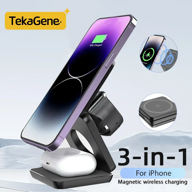 3 In 1 Foldable Magnetic Wireless Charger Stand For iPhone 15 14 13 Pro Max iWatch 8 7 6 AirPods 3 2 Station Dock Fast Charger