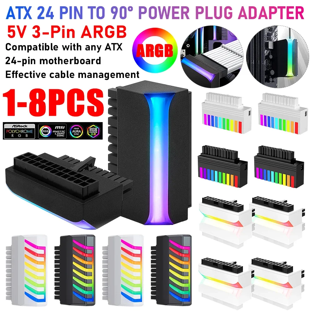 

8/1PCS ATX 24-Pin To 90 Degree Adapter Motherboard Power Cable Modular With 5V 3-Pin ARGB Light Monitor And Compute Accesseories