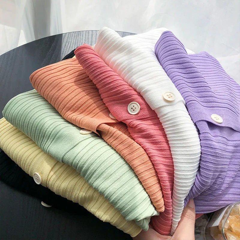 Xpqbb New Knitted Women Cardigans Korean Fashion Button Up V-neck Short Cardigan Coat Woman Solid Color Ribbed Knitwear Tops