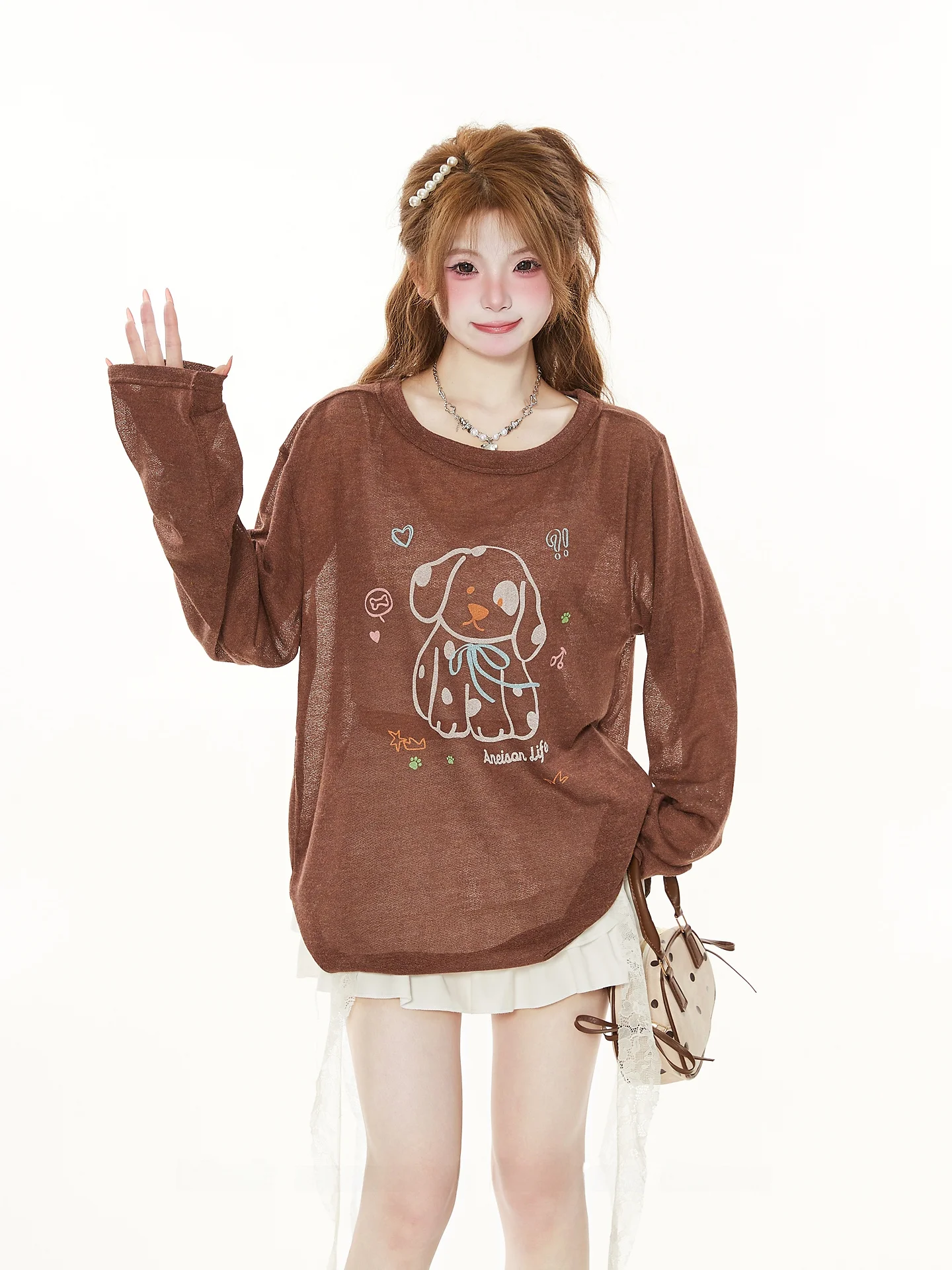 Cute Cartoon Print Long Sleeve T-Shirt Women's Spring Autumn Loose Casual Loose Feeling Semi-Transparent Side Shoulder Cover up
