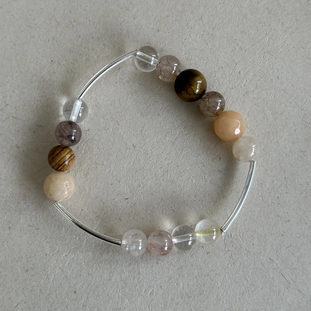 Clear Natural Stone Brass Tube Elastic Bangle for Women, High-end, Light Luxury Unique Niche Color Contrast Stitching Bracelet