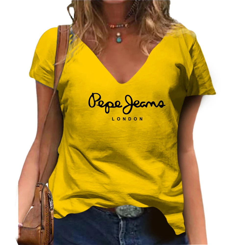 Damska koszulka T-shirt oversize z krótkim rękawem, gładka, z kwiatowym nadrukiem, dekolt w serek, letnia koszulka damska Y2K
