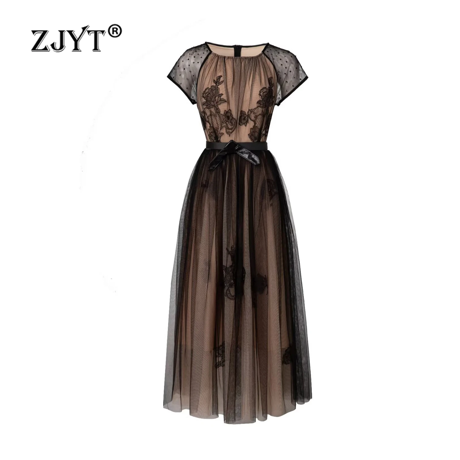 

ZJYT Runway Fashion Summer Long Evening Party Dress Women 2024 Elegant Diamonds Embroidery Mesh Dresses Sexy Black Vestidos Robe