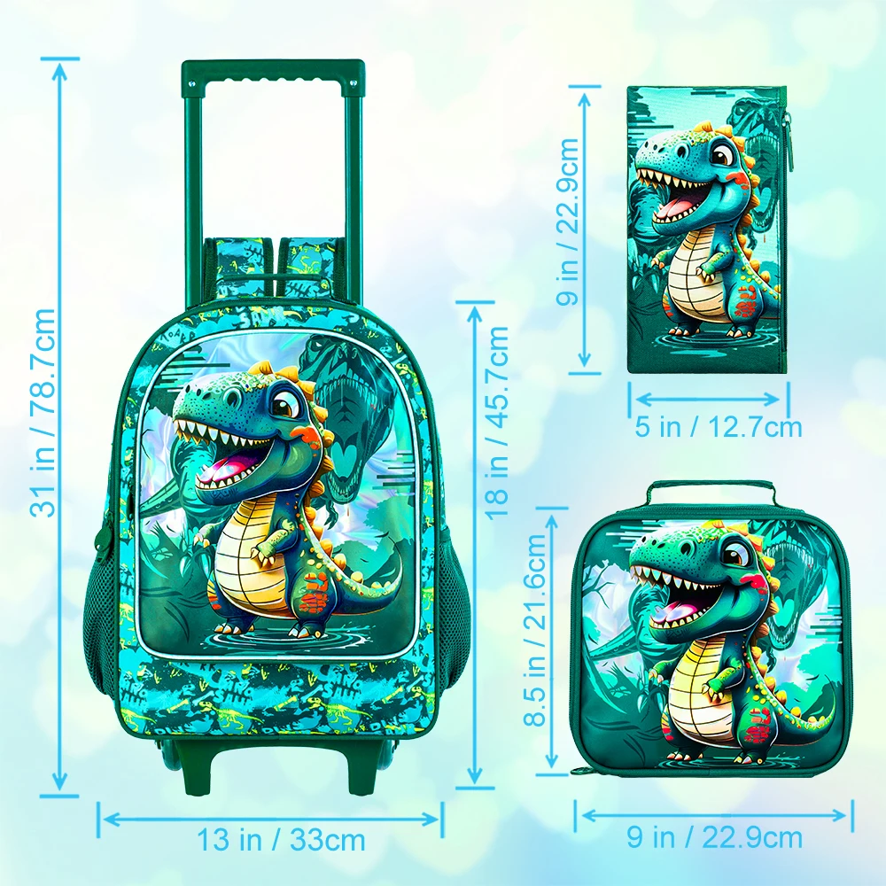 3PCS Dinosaur Rolling Backpack for Boys, Kids School Backpacks with Wheels, Water Resistant Uv Printed Roller Wheeled Bookbag