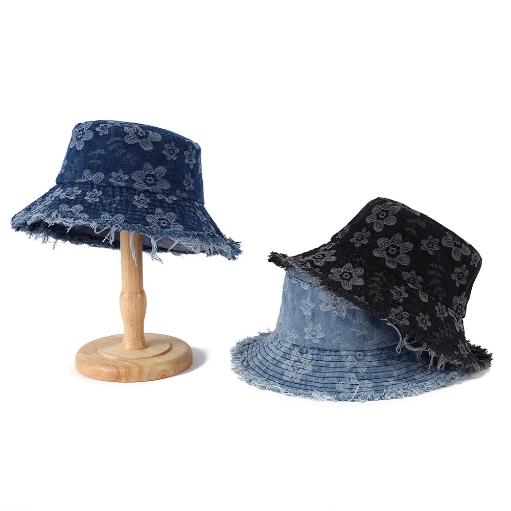 Sunscreen Denim Basin Hat Casual Wind Floral Burr Edge Versatile Bucket Hat Outdoor Travel Sun Hat