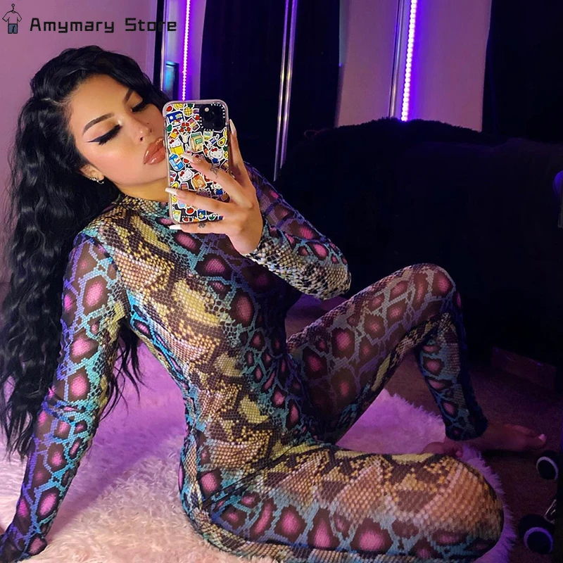 

New Sexy Animal Mesh Bodystocking Snake Print See Through Velour Long Sleeve Rompers Jumpsuit Womens Slim Midnight Clubwear