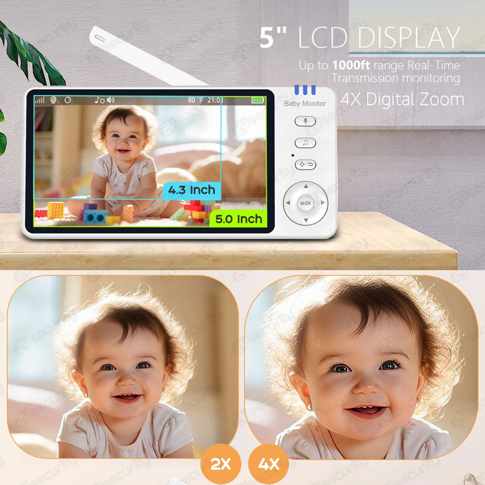 Imagem -02 - Monitor de Bebê de Vídeo de Polegadas hd com Câmera de Bebê com Zoom Panorâmico e Inclinação 2.4g sem Fio Áudio Bidirecional Visão Noturna Monitores de Babá de Segurança com Suporte