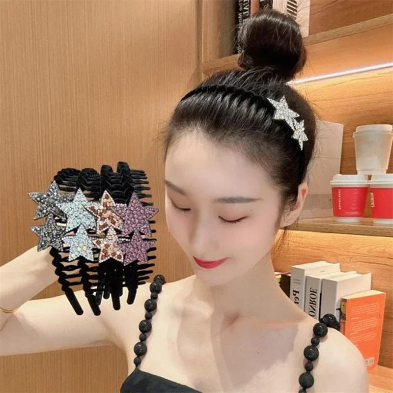 Rhinestone Double-star Hair Hoops Bands Flocking Face Wash Hair Bands for Women Teeth Comb Headband Luxury Hair Hoop Accessories