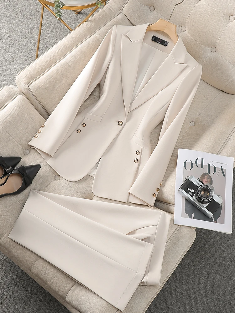 Fashion Khaki Black Apricot Women Pant Suit 2 Piece Set Office Ladies Female Business Work Wear Formal Blazer Jacket And Trouser