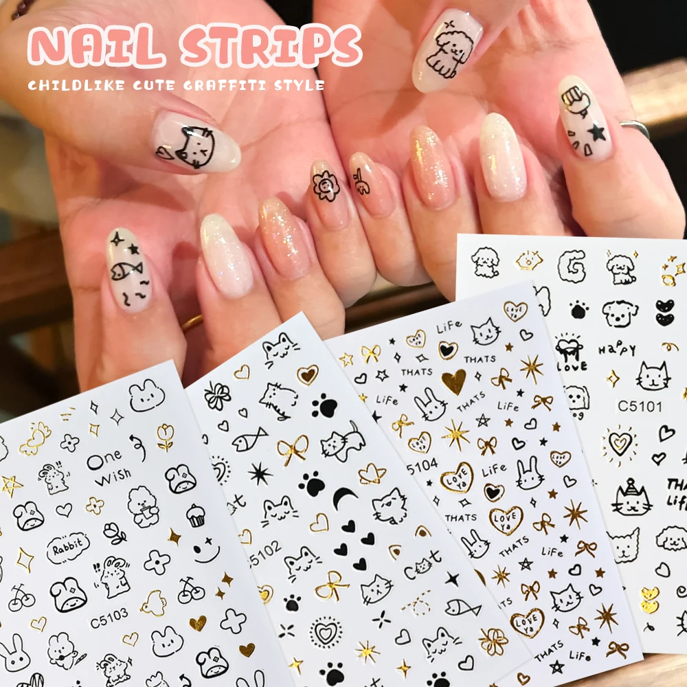 

4pcs Cartoon Cute Cat Dog Rabbit Nail Childlike Stickers Graffiti Love Heart Bronzing Star Sliders Kawaii Animal Series Decals