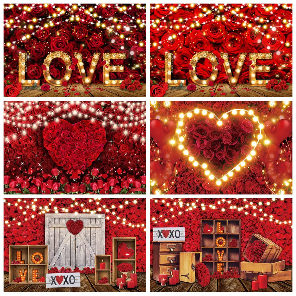 

Valentine's Day Photography Backdrop February 14 Romantic Red Rose Flowers Love Heart Wedding Party Decor Backdrop Photo Studio