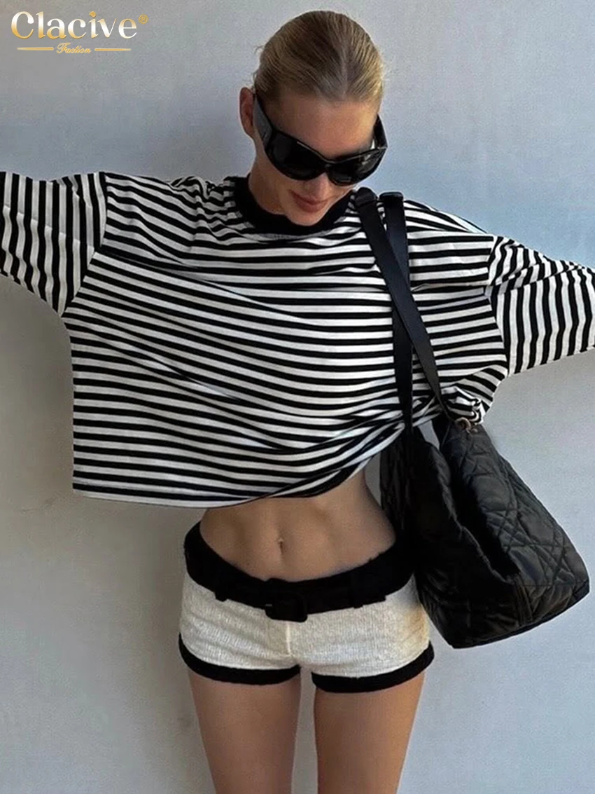 

Clacive Fashion Loose Stripe Women's T Shirt 2026 Casual O-Neck Long Sleeve T Shirts Elegant Classic Crop Top Female Clothing