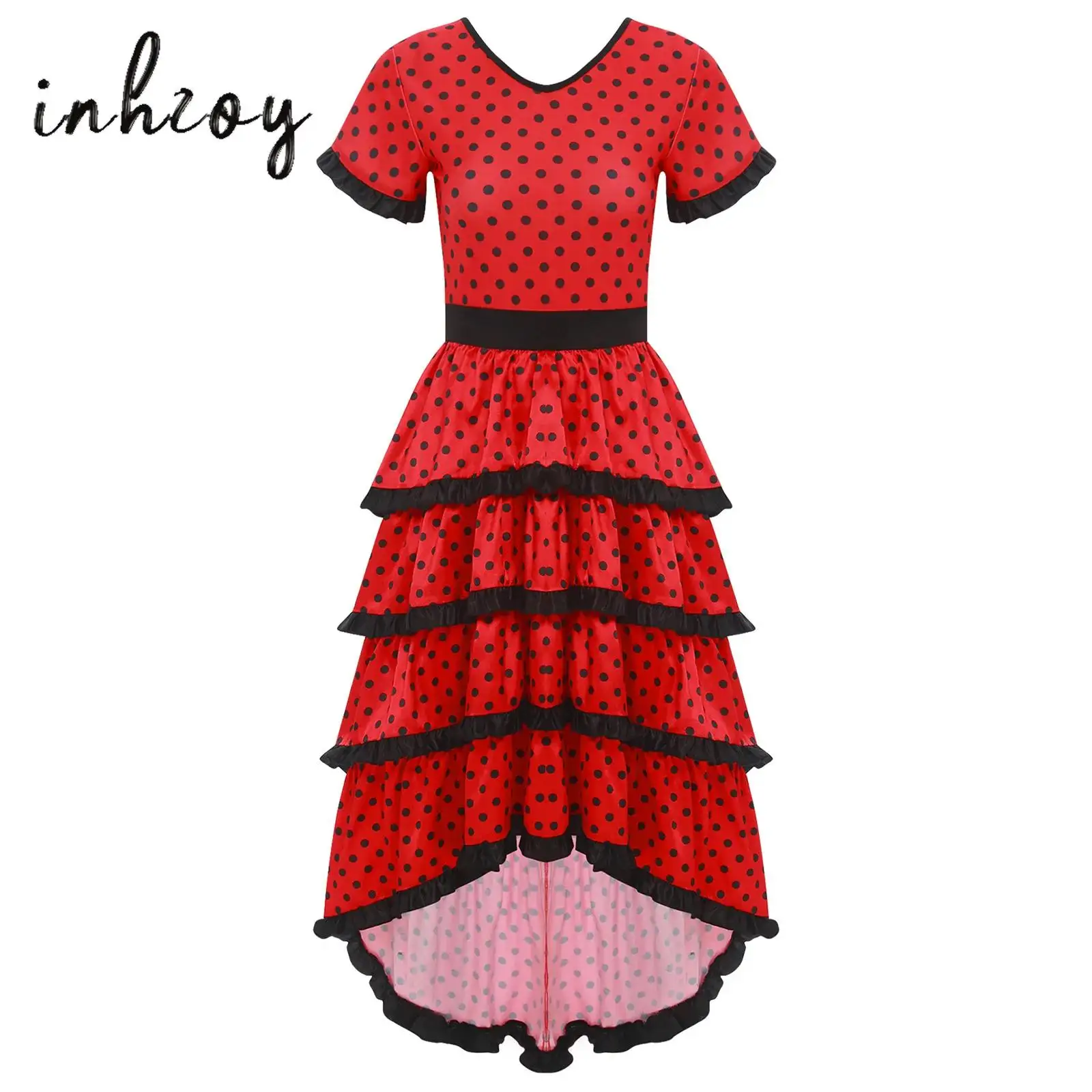 

Women Spanish Flamenco Dance Dress Gypsy Style Senorita Short Sleeve Polka Dot Color Block Layered Celebration Rhumba Dress