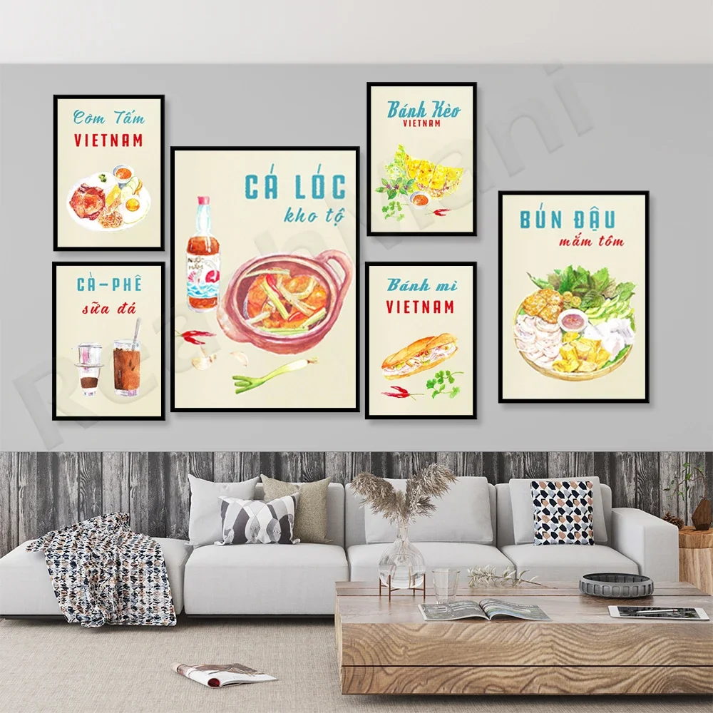 Vietnamese food poster, braised fish, tofu noodles with shrimp paste, noodles, spring rolls, asian cuisine restaurant menu bistr