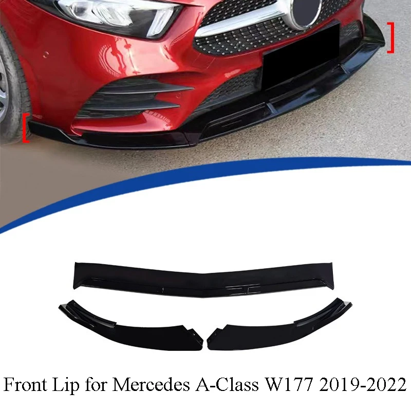 

For Mercedes Benz A-Class W177 2019-2022 3-Piece Front Lip Bumper Spoiler Sport Style Splitter Gloss Black ABS Car Accessories