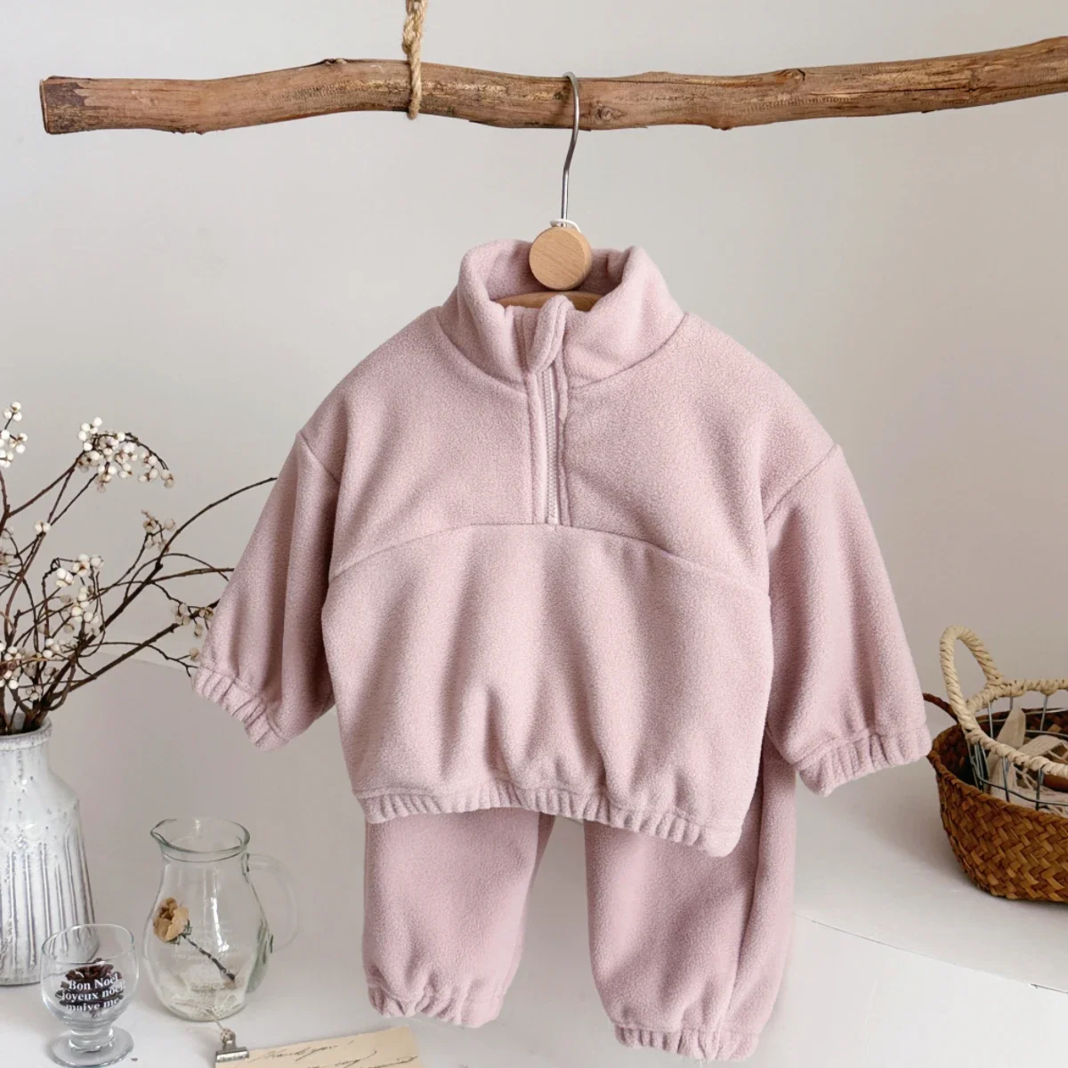 

2Pcs Infant Autumn Winter Pink Plush Fashion Zipper Long Sleeved Pants Set Newborn Baby Girl Warm Outfit 0-3 Years