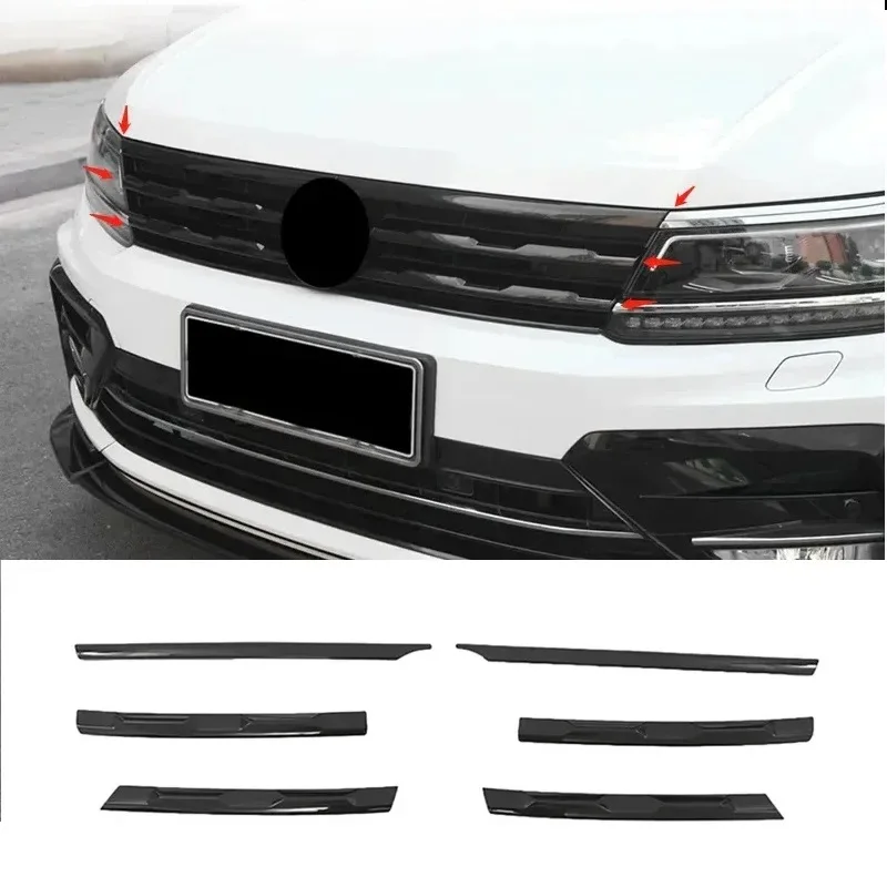 

For VW Tiguan MK2 R-Line 2017-2021 Front Bumper Headlight Eyebrows Center Grille Fog Light Black Moulding Strips Stickers Trim