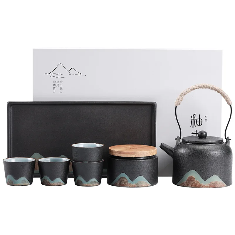 Japanese-style coarse pottery hand-painted distant mountain beam pot tea set large teapot one pot four cups dry brewing tea set