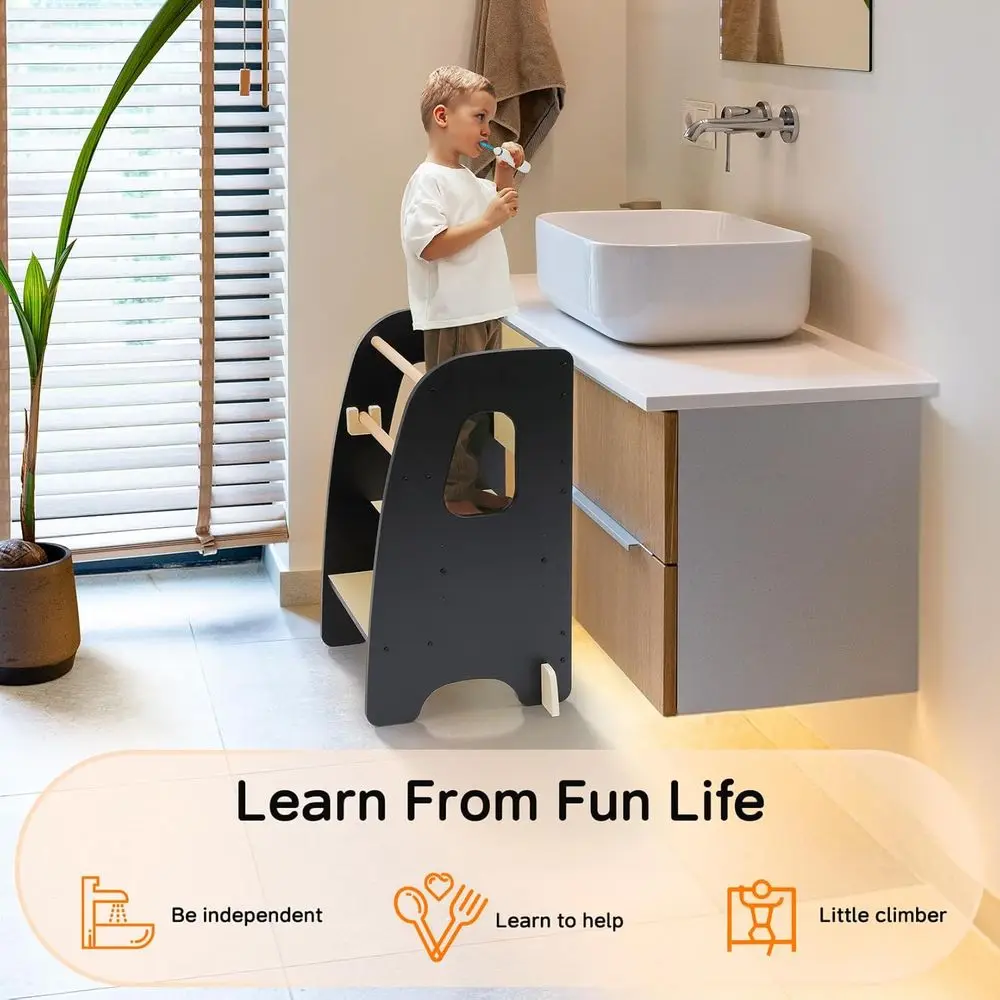 Anti-Tip Toddler Kitchen Helper Stool, Rounded Edge, Removable Rail, for Ages 1.5-6, Black