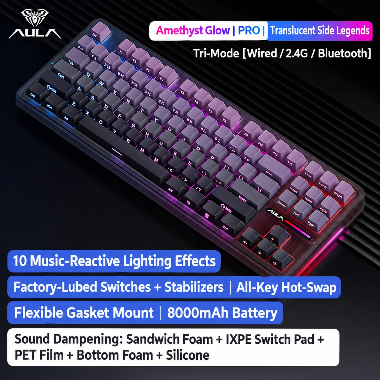 AULA F87 Pro Wireless Mechanical Keyboard 87 Key Hot Swappable Gasket Bluetooth 5.0/2.4G/USB Wired RGB PBT Tri Mode Mac Win