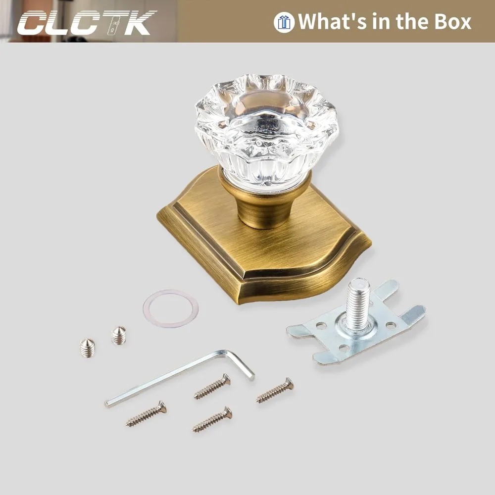 Zestaw klamek do drzwi wewnętrznych z kryształowym szkłem, wykończenie antyczny mosiądz, pojedyncza strona, 4 sztuki, styl tradycyjny