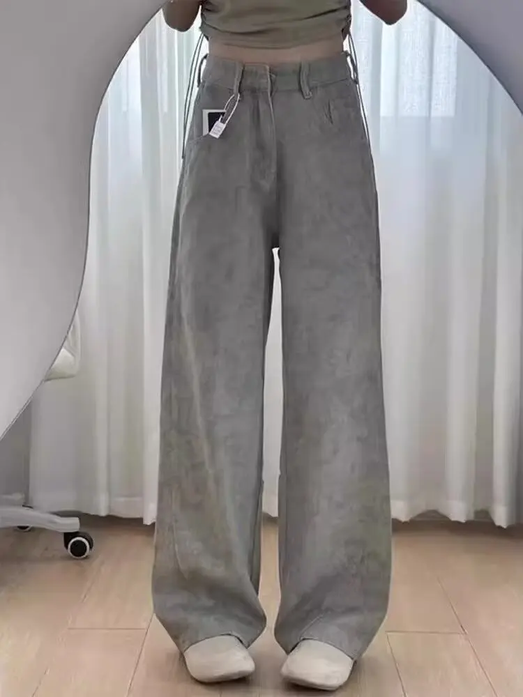 Y2K – jean rétro américain pour femmes, taille haute, jambes larges, imprimé de teinture fine, petit Design, pantalon en Denim droit, été