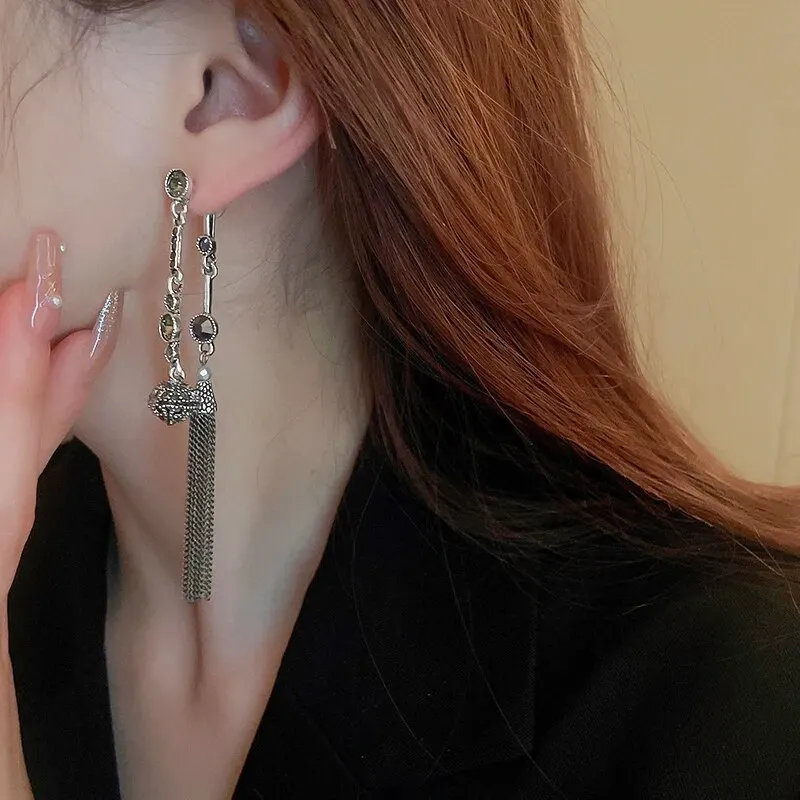 Antique Silver Rhinestone Earring For Women Round Ball Long Fringe Tassel Earrings Retro Style Simple Drop Earrings for Party K-