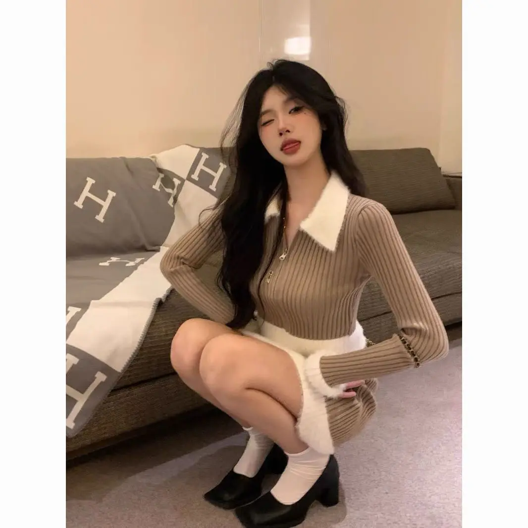 

2024 Autumn New Women Knitted Two Piece Skirt Sets Sexy Hot Girls Turn Down Collar Long Sleeve Cardigans + A Line Mini Skirt
