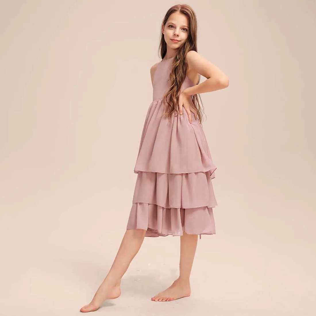 YZYManual-Chiffon Júnior dama Dress, Cascading Ruffles, A-Line colher, Joelho de comprimento, 2-15T