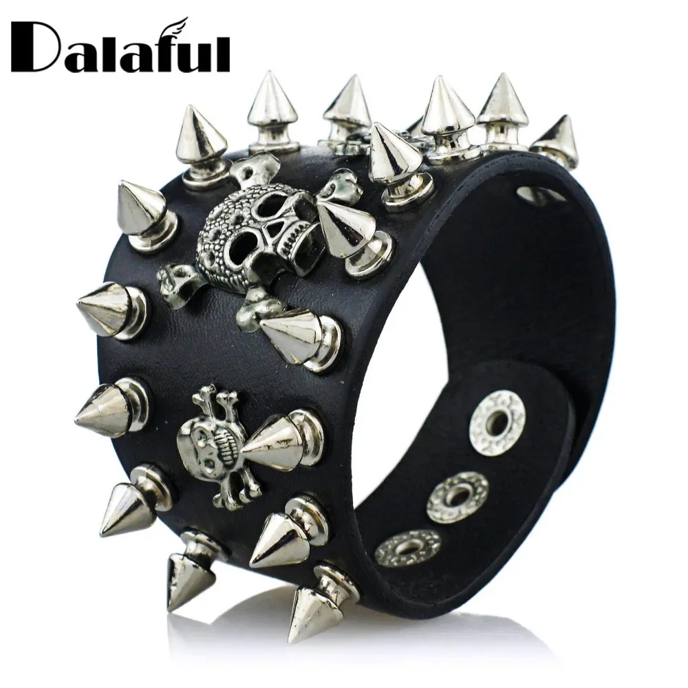 Unique Rock Spikes Rivet Gothic Skeleton Skull Punk Biker Wide Cuff Leather Bracelet S059