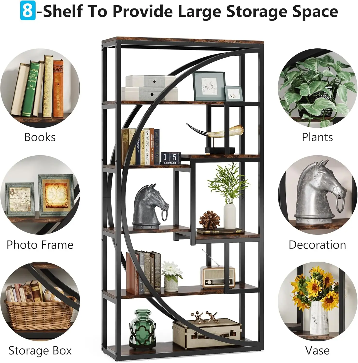 ชั้นวางหนังสือ, ตู้หนังสือ Etagere 5 ชั้นอุตสาหกรรม, ชั้นวางหนังสือสูง 70.8 นิ้วพร้อมชั้นเก็บของ 8 ชั้น, ชั้นวางหนังสือ Display Tack Shelving Unit