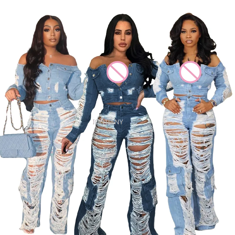 2024 Women Streetwear High Waist Button Stretchy Hollow Out Deinm Wide Leg Pants Fashion Straight Ripped Jeans Casual Trousers