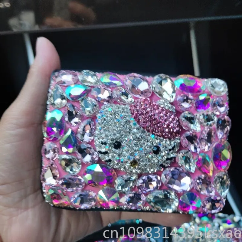 Hello Kitty Luxury Card Holder for Women Genuine Leather Rhinestone Decoration Multi Card Slot Purse Handbag Zipper Fashion Gift