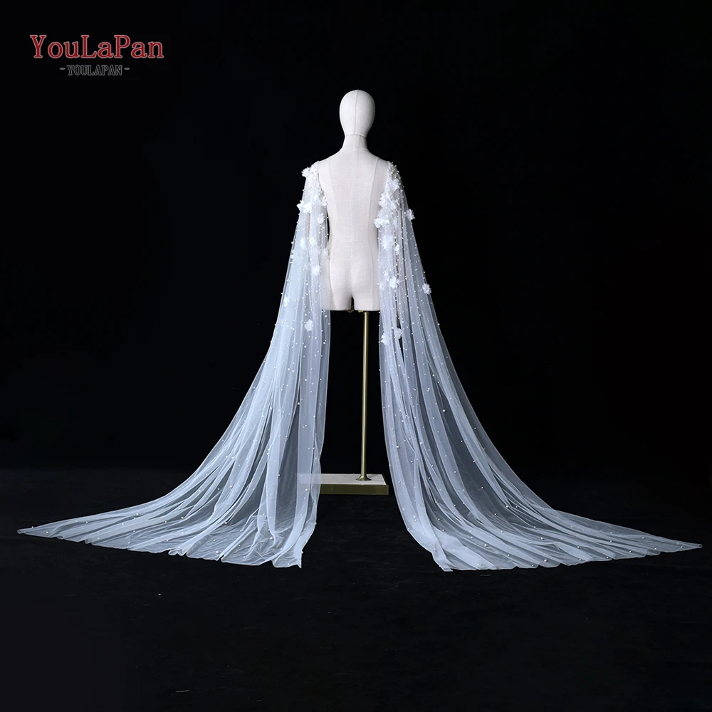 YouLaPan VG110 3D Flowers Wedding Dress Bolero Removable Bridal Cape DIY Long Cloak White Jacket Woman Wedding Cathedral Droped