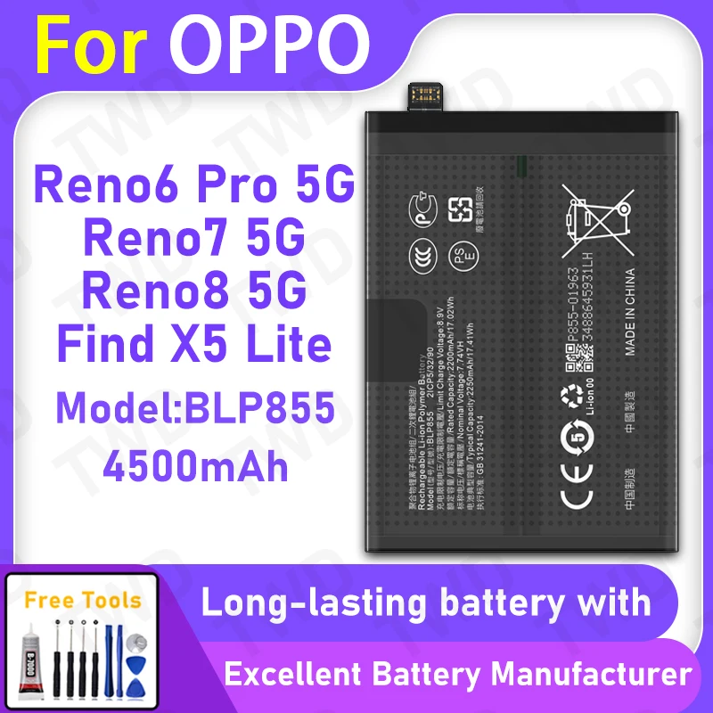 

100% New 4500mAh BLP855 Battery For OPPO Reno6 Pro 5G/Reno7 5G/Reno8 5G Replacement Bateria+Free Tools