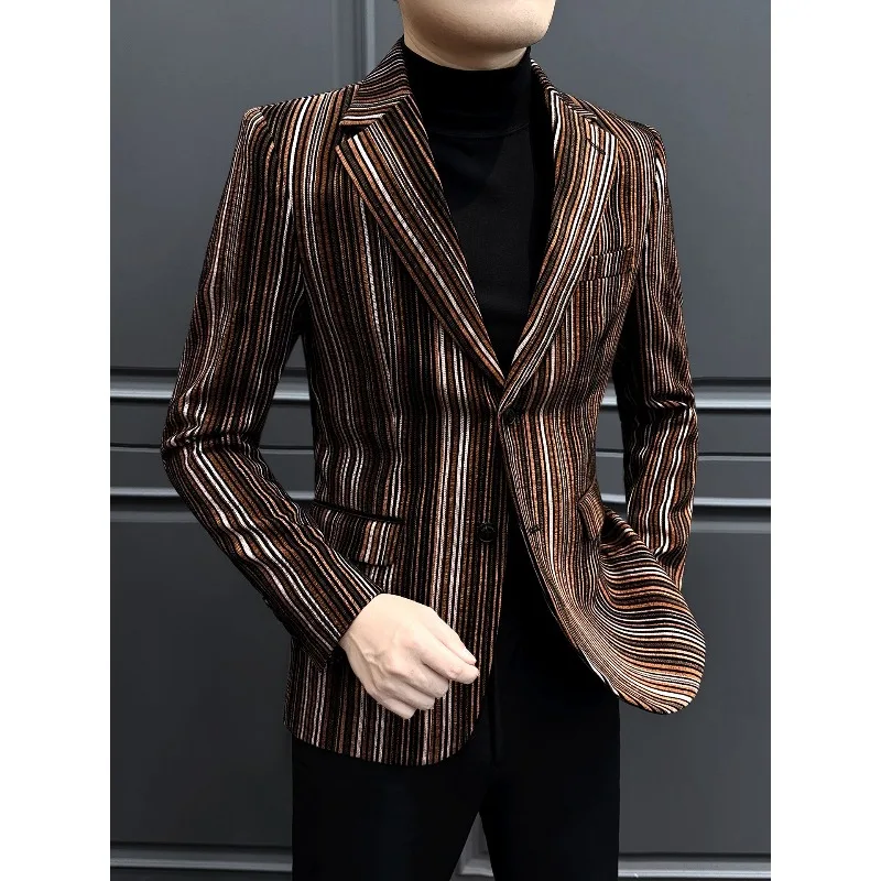 

A New Korean-style Slimming and High-end Stylish Men's Casual Small Suit Striped Velvet Blazer High-end Fashionable Men's Coat