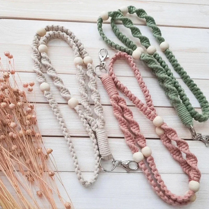 Macrame Lanyard Macrame Keychain Teacher Appreciation Neck Lanyard Beige Avocado Green Pink Id Card Holder Beaded BACK TO SCHOOL