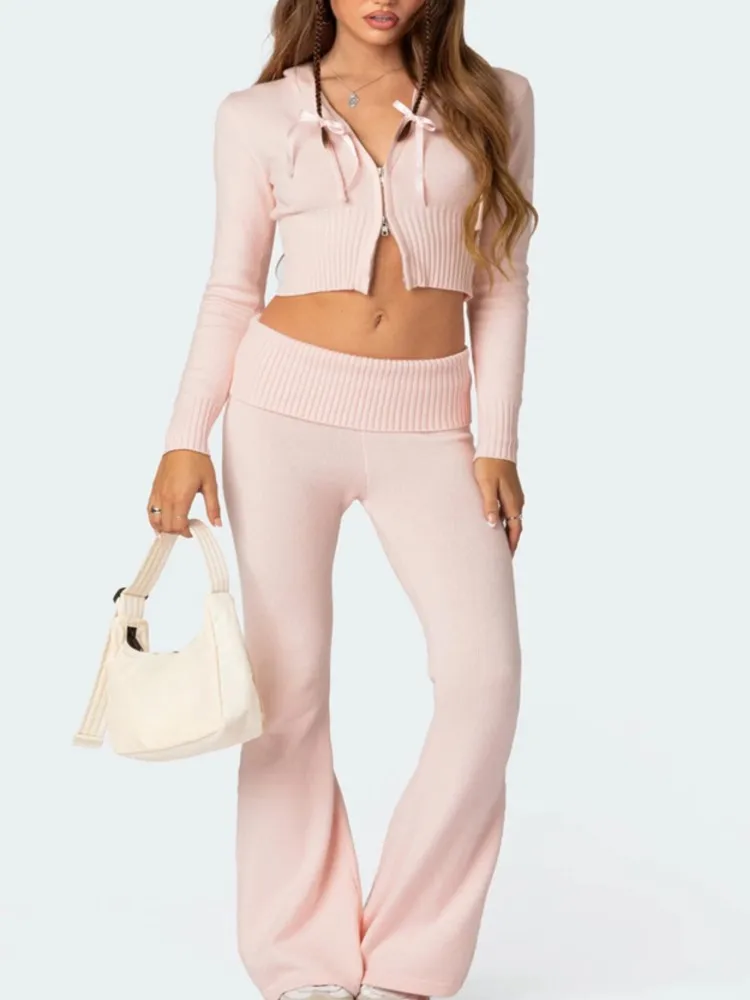 

New Autumn Winter Casual Solid Zipper Hooded Long Sleeve Sporty Women Set, Chic High Waist Slim Flared Pants, Y2k Two-piece Set