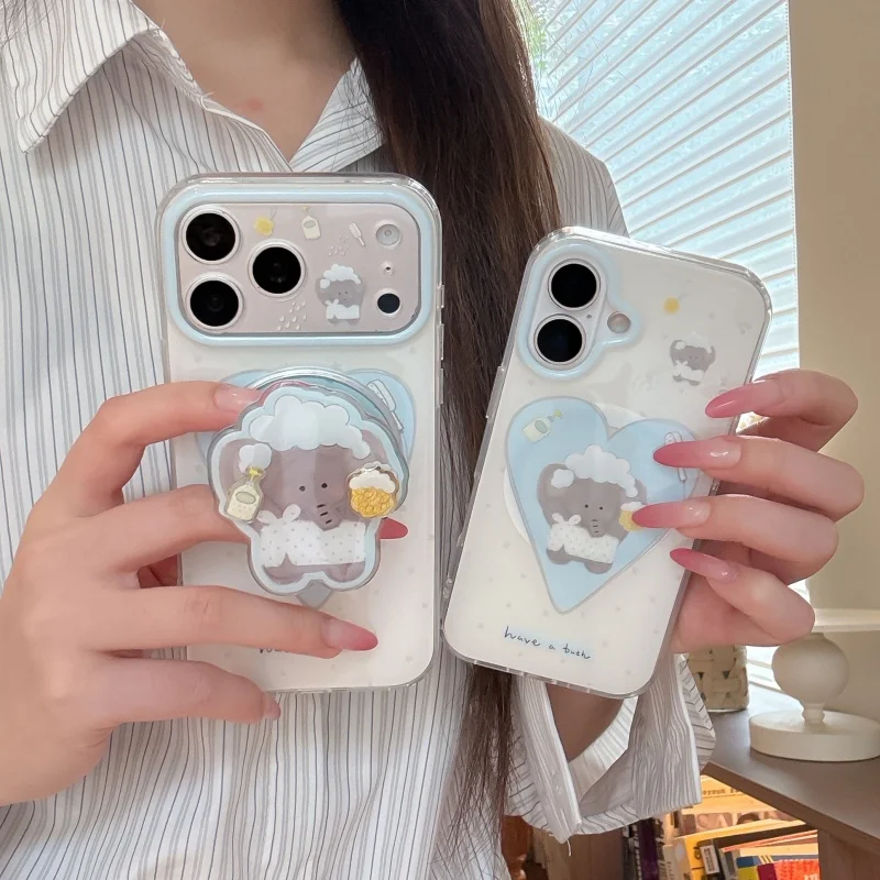 Korean Love Heart Little Elephant Magnetic Phone Case For iPhone 17 Pro 16 15 Pro Max Cover with Holder For Magsafe Protective C