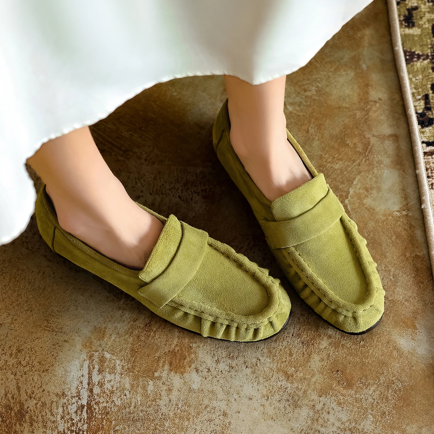 Genuine Leather Cowhide Suede Women Shoes,Round Toe Retro Slip-on Women Loafers,Fashion Casual Ladies Shoes