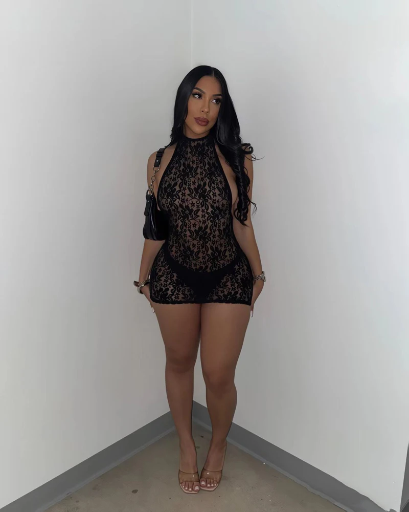 New Arrivals Women Halter High Neck Floral Lace Mini Dress Sleeveless Sheer See‑Through Bodycon Short Dresses Party Clubwear