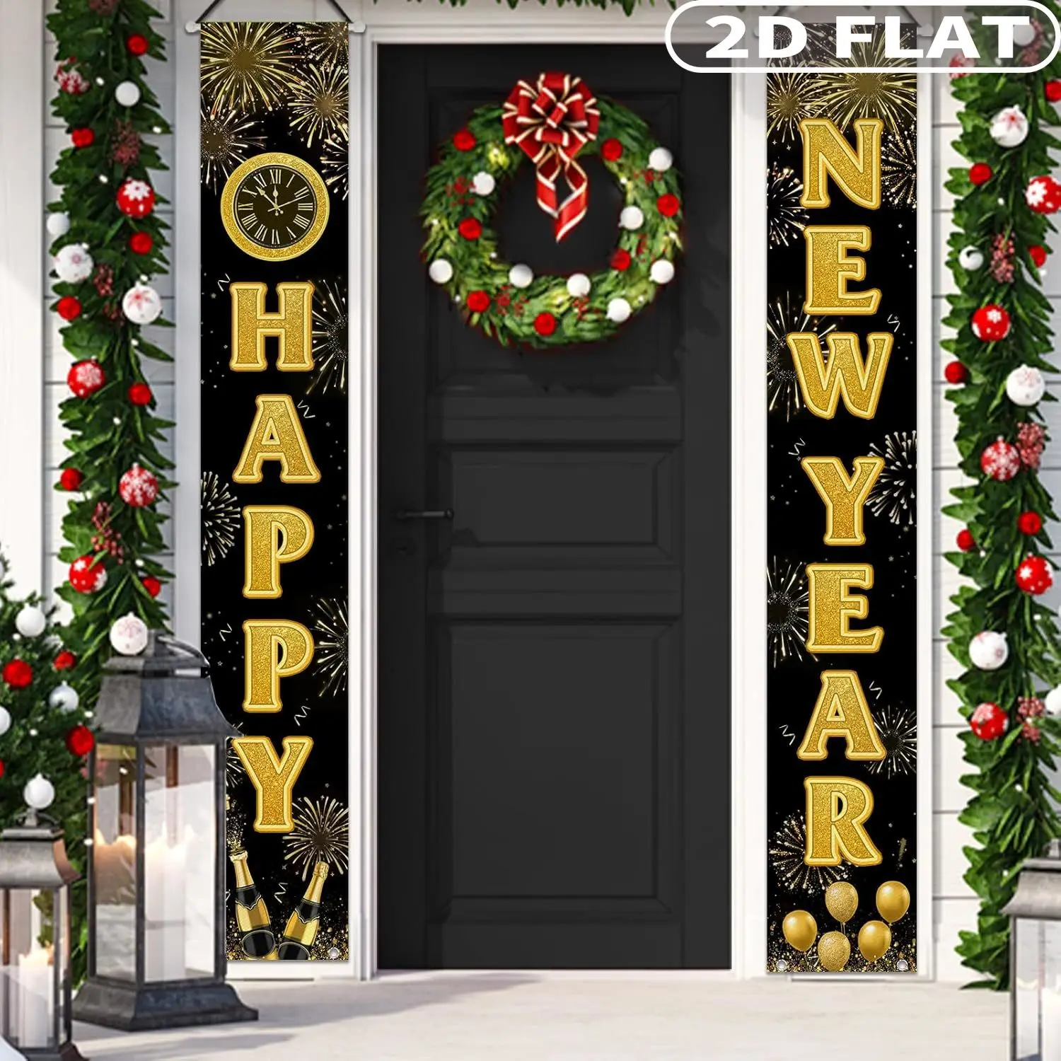 1pair Happy New Year 2026 Black Gold Porch Decorative Durable Polyester 72 x 12 Inches 'HAPPY NEW