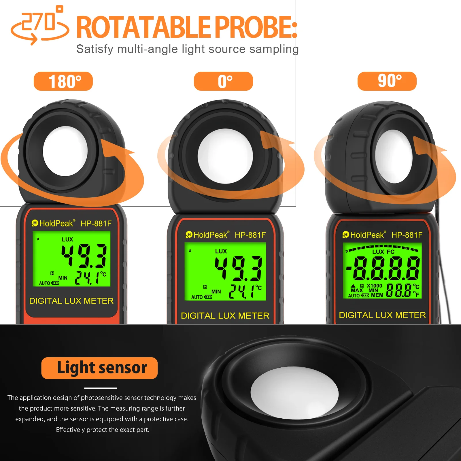 

Digital Lux Meter 0.1-400,000Lux Temp °C/°F Data Hold Max/Min Backlight Rotatable Probe for Plant Photography Office HP-881F